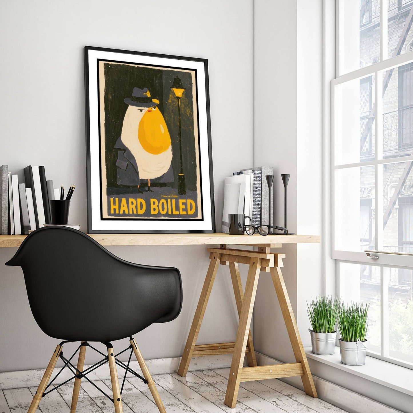 Hard Boiled Art Print - Funny Egg Detective Kitchen Poster - Noir Gouache Style Illustration