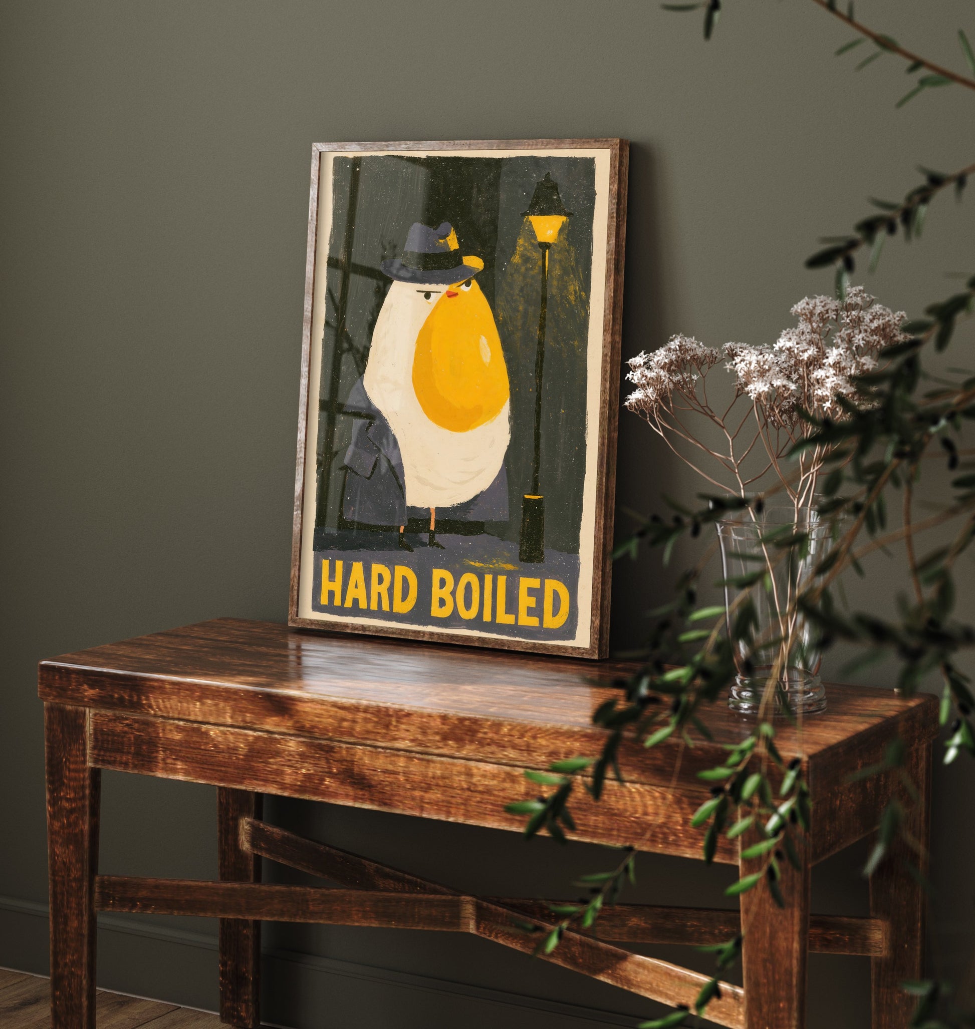 Hard Boiled Art Print - Funny Egg Detective Kitchen Poster - Noir Gouache Style Illustration