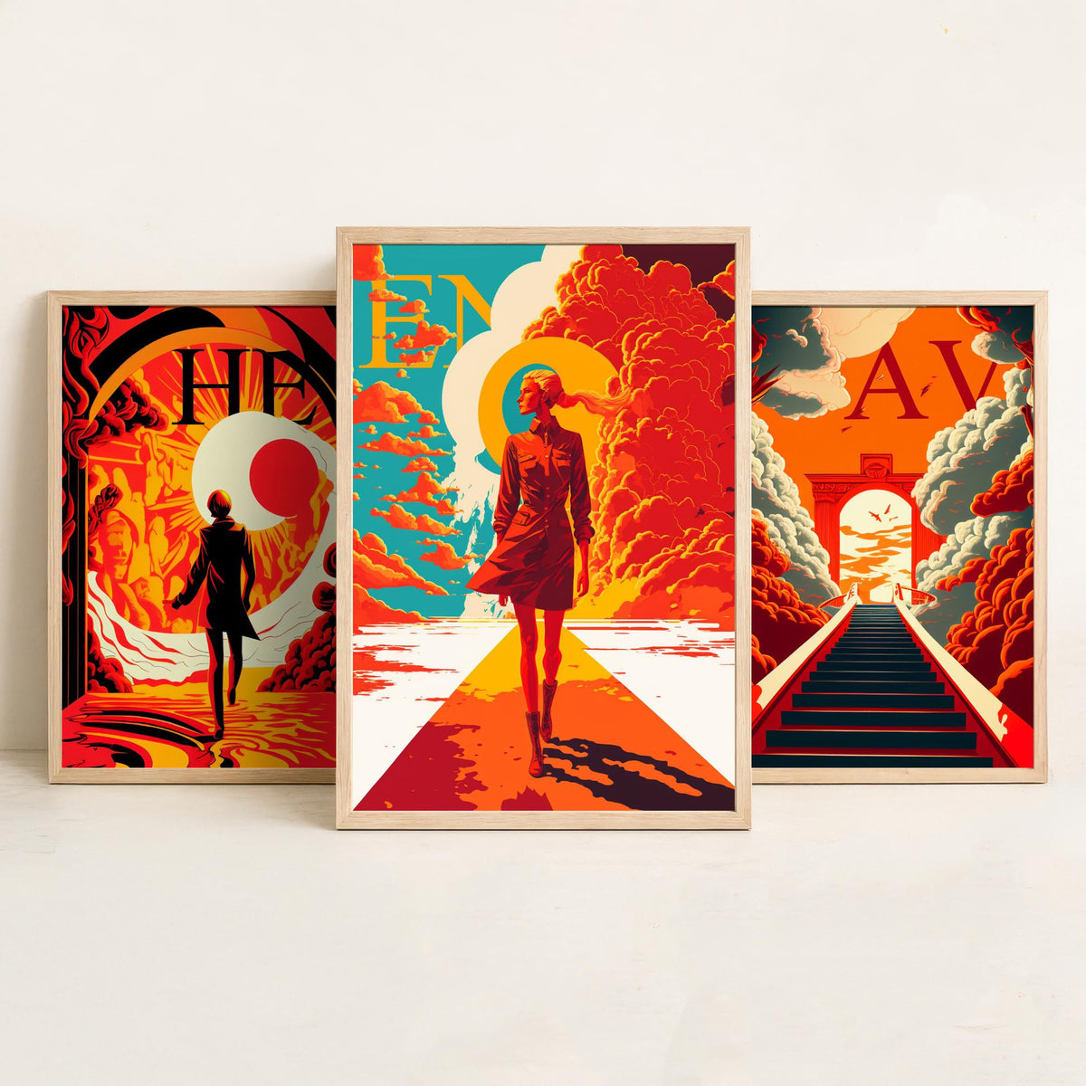 Heaven Typography Set of Three Art Prints - Walking into the Light - Retro Red and Orange Poster Illustration