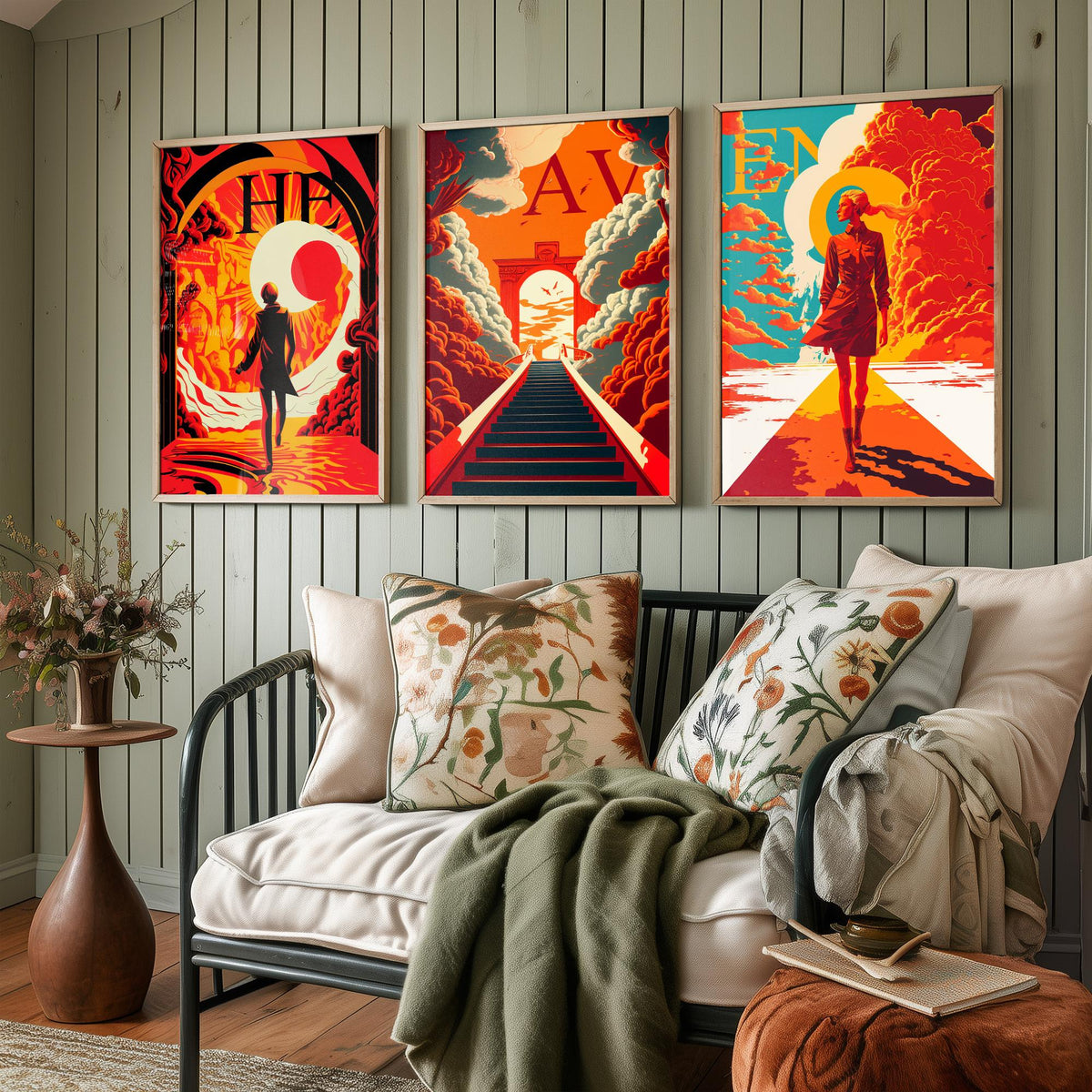 Heaven Typography Set of Three Art Prints - Walking into the Light - Retro Red and Orange Poster Illustration