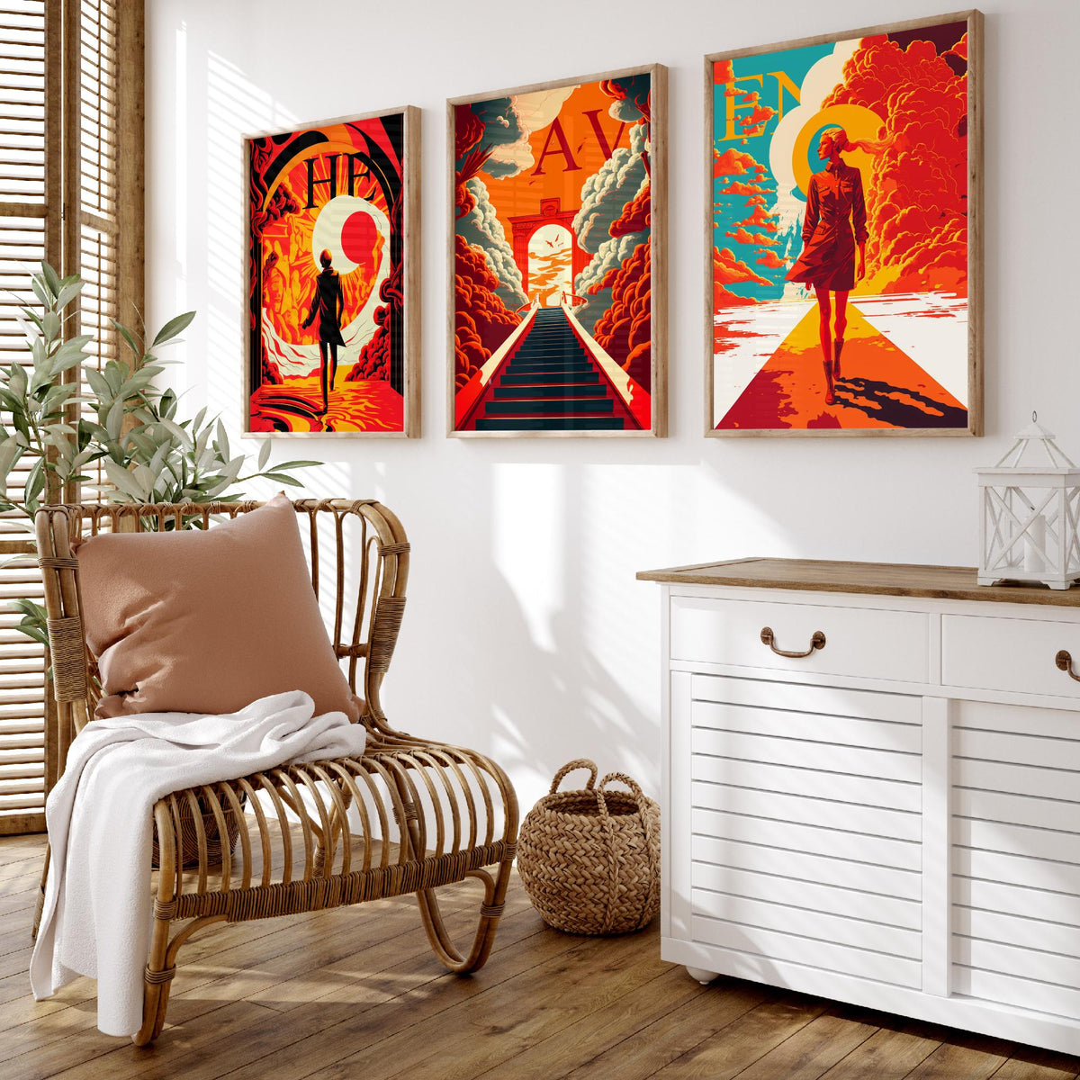Heaven Typography Set of Three Art Prints - Walking into the Light - Retro Red and Orange Poster Illustration