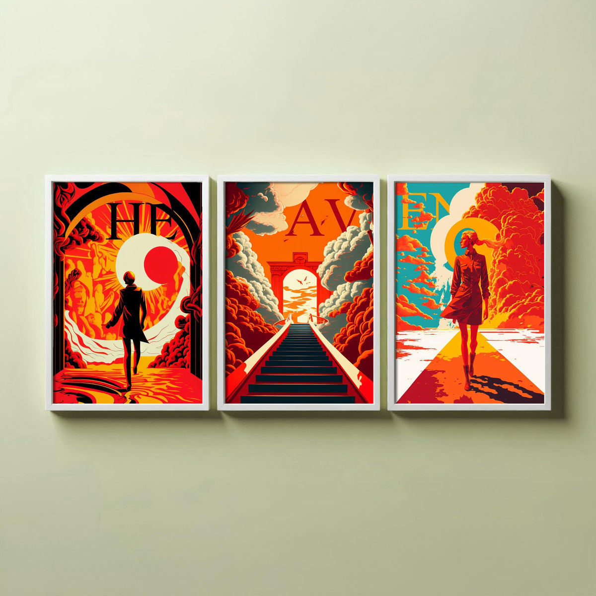 Heaven Typography Set of Three Art Prints - Walking into the Light - Retro Red and Orange Poster Illustration