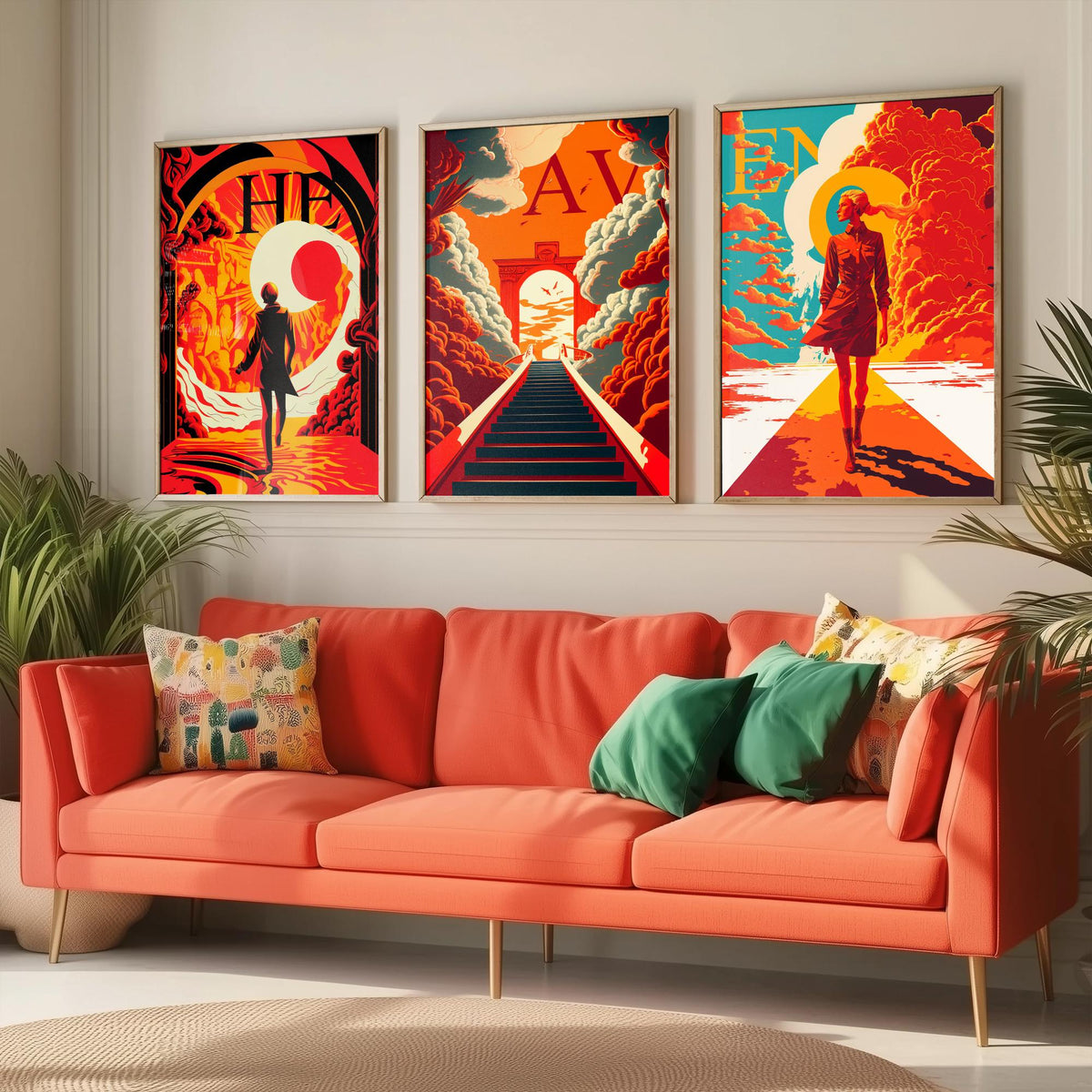 Heaven Typography Set of Three Art Prints - Walking into the Light - Retro Red and Orange Poster Illustration