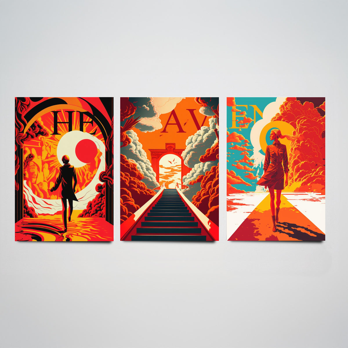 Heaven Typography Set of Three Art Prints - Walking into the Light - Retro Red and Orange Poster Illustration