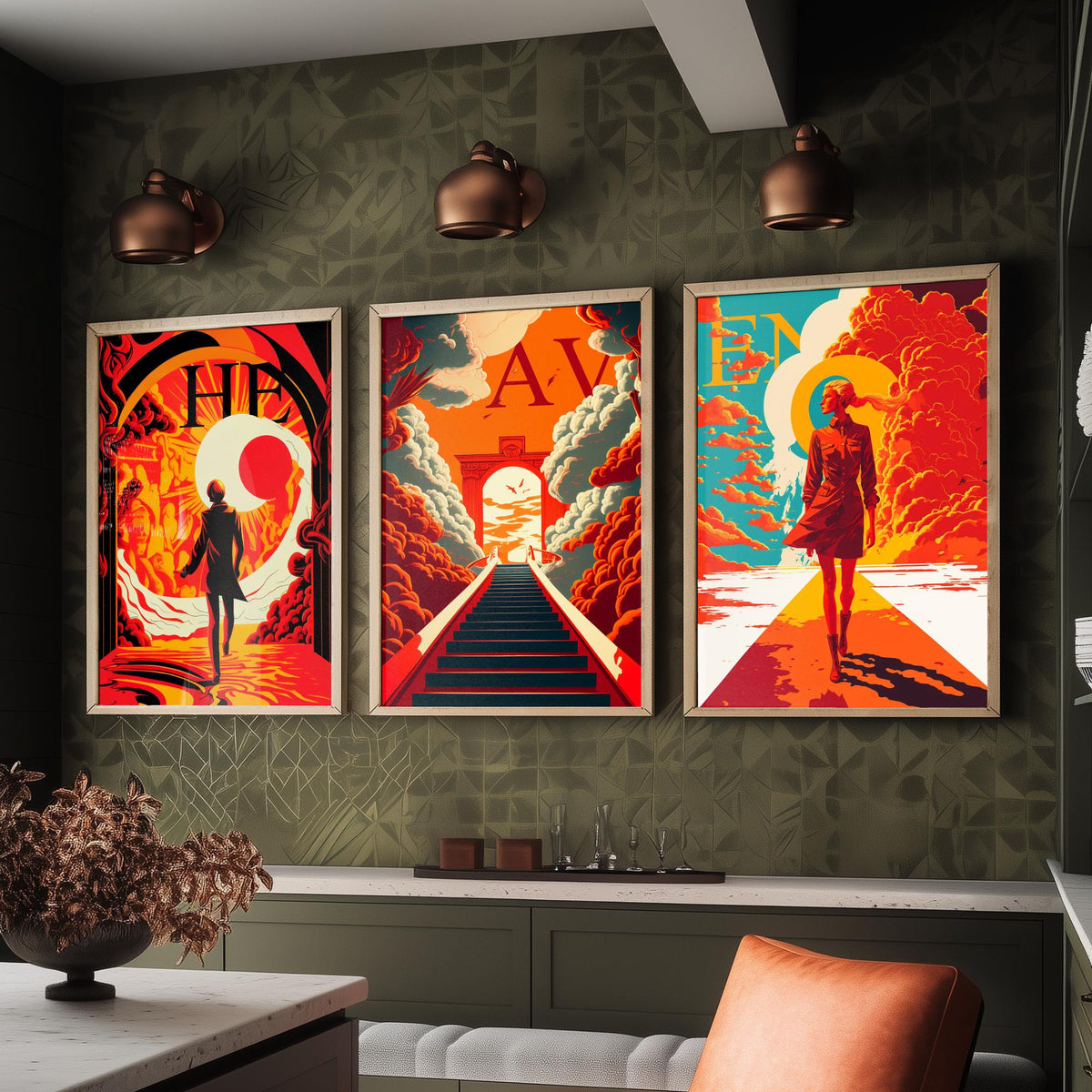 Heaven Typography Set of Three Art Prints - Walking into the Light - Retro Red and Orange Poster Illustration