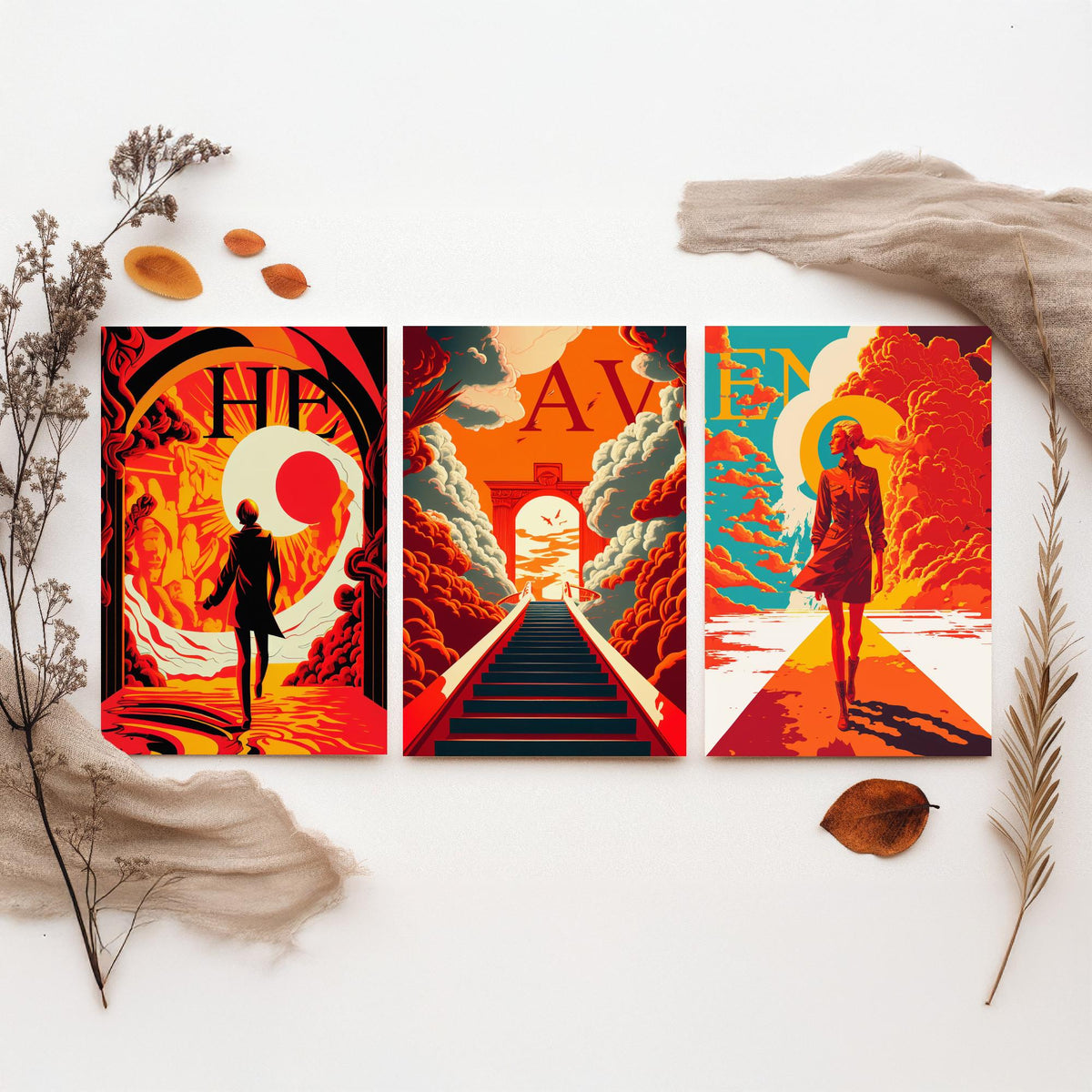 Heaven Typography Set of Three Art Prints - Walking into the Light - Retro Red and Orange Poster Illustration