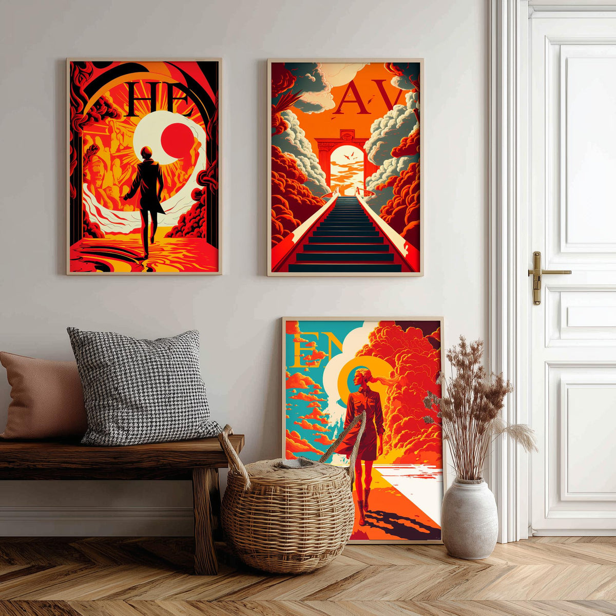 Heaven Typography Set of Three Art Prints - Walking into the Light - Retro Red and Orange Poster Illustration