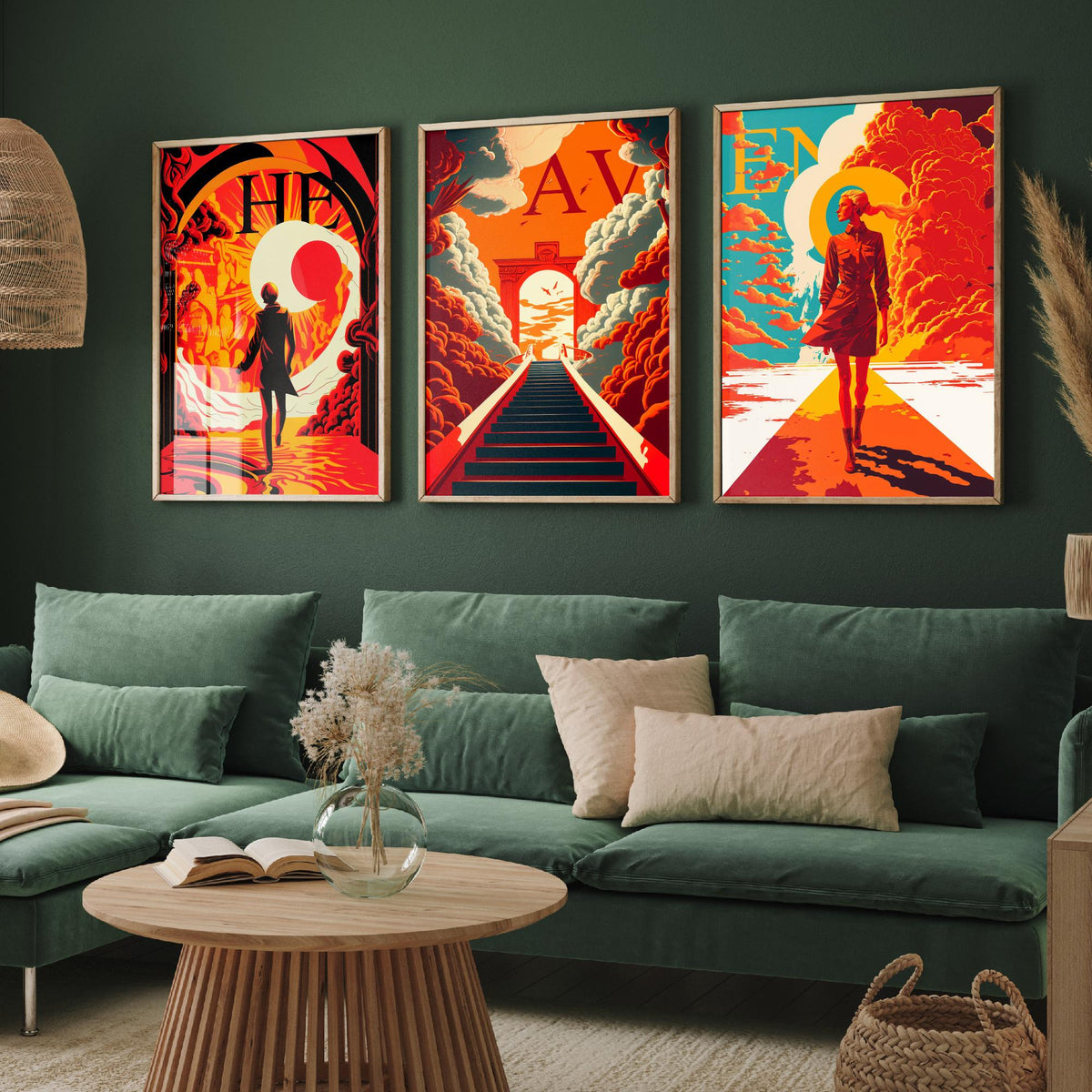 Heaven Typography Set of Three Art Prints - Walking into the Light - Retro Red and Orange Poster Illustration