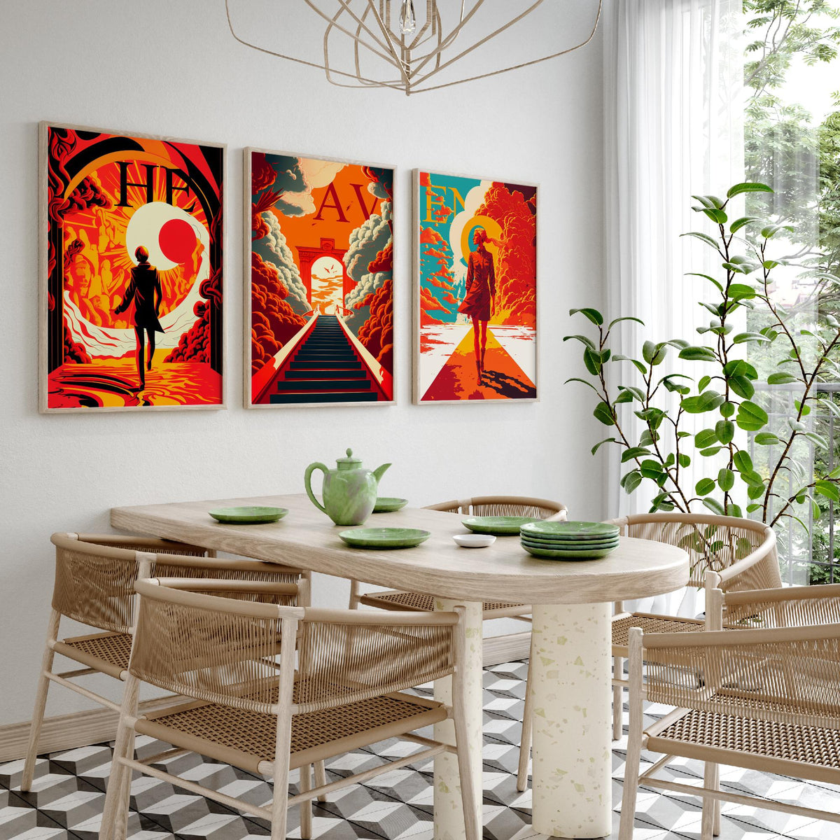 Heaven Typography Set of Three Art Prints - Walking into the Light - Retro Red and Orange Poster Illustration