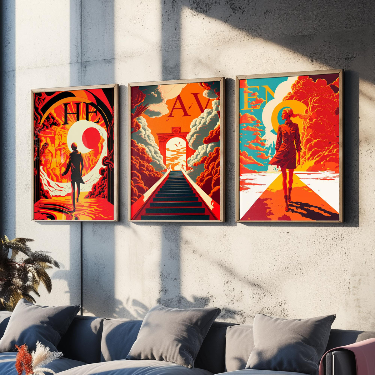 Heaven Typography Set of Three Art Prints - Walking into the Light - Retro Red and Orange Poster Illustration