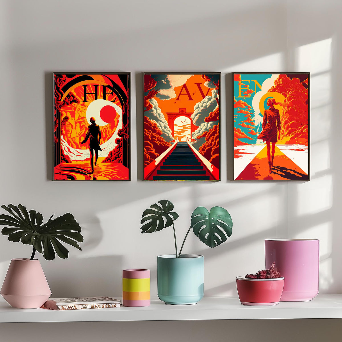 Heaven Typography Set of Three Art Prints - Walking into the Light - Retro Red and Orange Poster Illustration