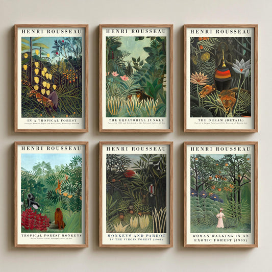 Set of Six Henri Rousseau Art Prints - 6 Jungle Gallery Posters - The Dream, Equatorial Jungle, Tropical Forest Monkeys Painting