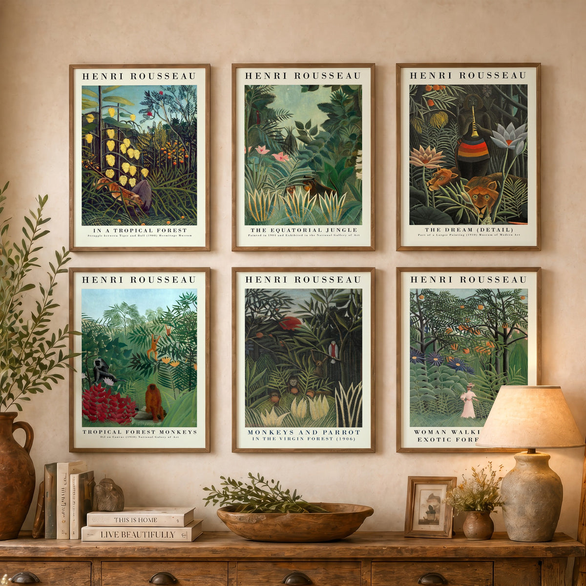 Set of Six Henri Rousseau Art Prints - 6 Jungle Gallery Posters - The Dream, Equatorial Jungle, Tropical Forest Monkeys Painting