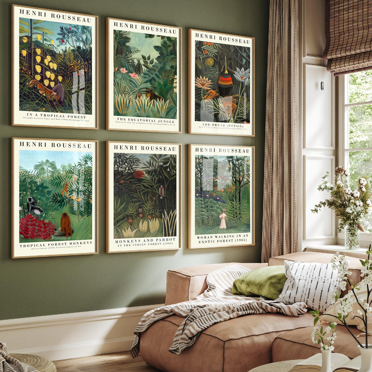 Set of Six Henri Rousseau Art Prints - 6 Jungle Gallery Posters - The Dream, Equatorial Jungle, Tropical Forest Monkeys Painting