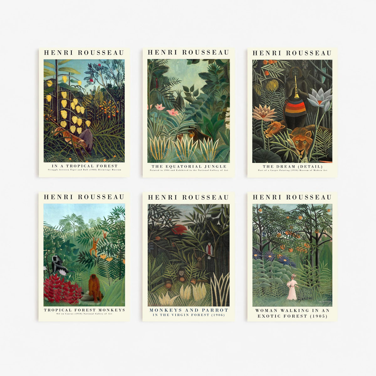 Set of Six Henri Rousseau Art Prints - 6 Jungle Gallery Posters - The Dream, Equatorial Jungle, Tropical Forest Monkeys Painting