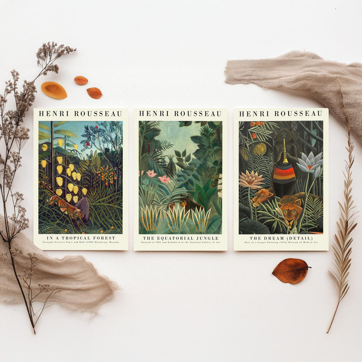 Henri Rousseau Set of Three Art Prints - Jungle The Dream - 3 Painting Posters - Tropical Wall Art Gift Giclee Museum Botanical