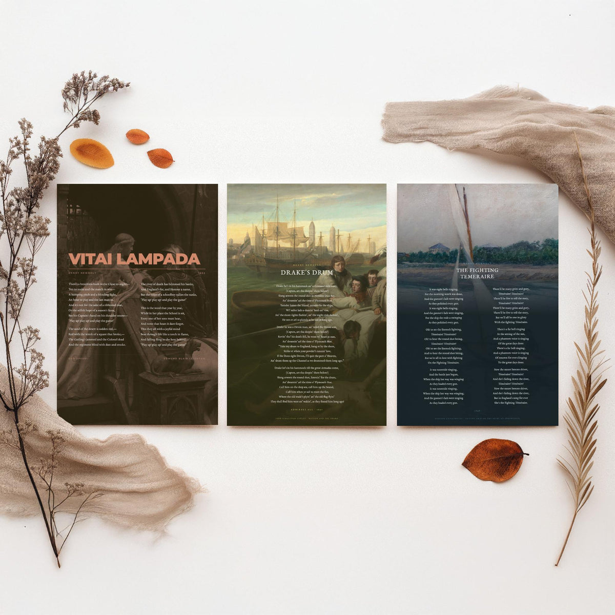 Henry Newbolt Poems Set of Three Art Prints - Vitai Lampada, Drake's Drum, Fighting Temeraire - Full Poems over Classic Paintings - Poster