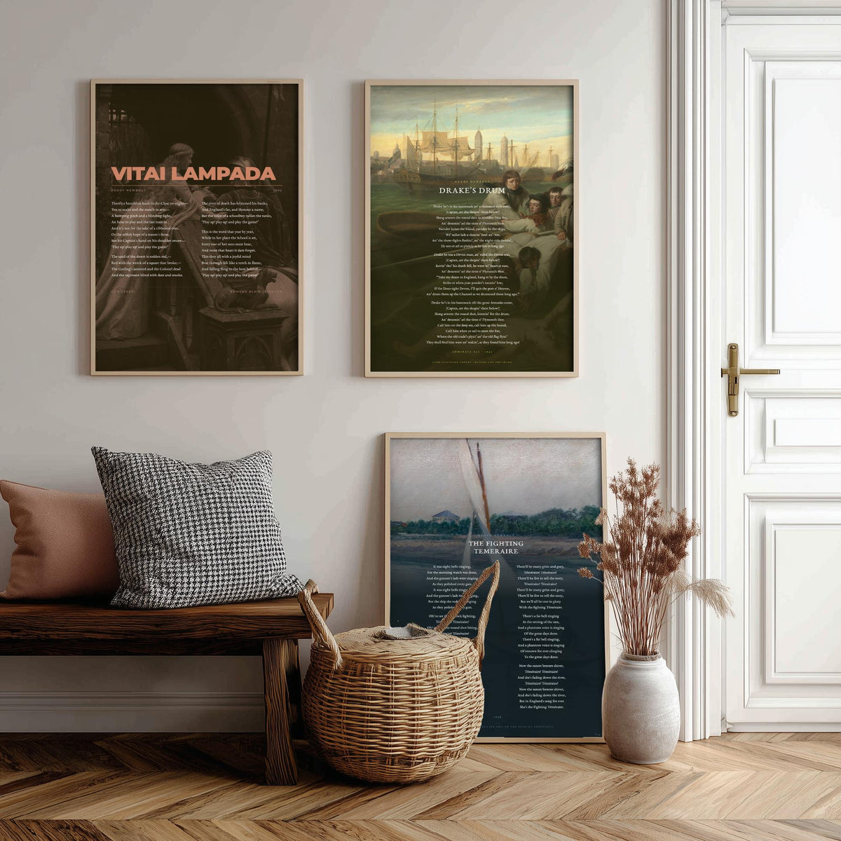 Henry Newbolt Poems Set of Three Art Prints - Vitai Lampada, Drake's Drum, Fighting Temeraire - Full Poems over Classic Paintings - Poster