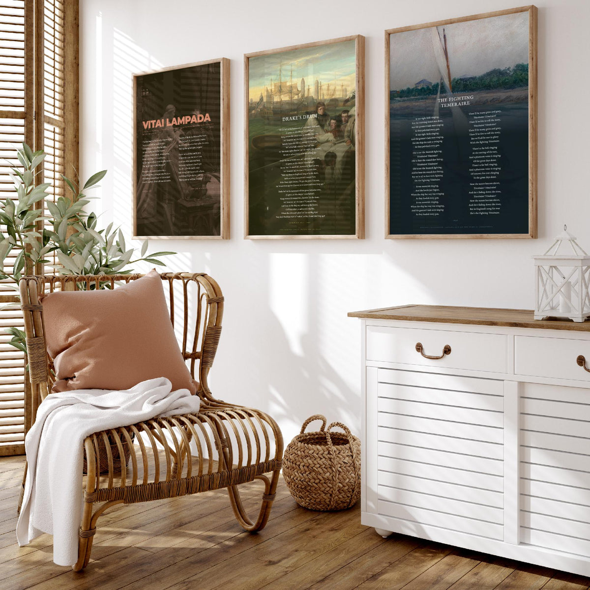 Henry Newbolt Poems Set of Three Art Prints - Vitai Lampada, Drake's Drum, Fighting Temeraire - Full Poems over Classic Paintings - Poster