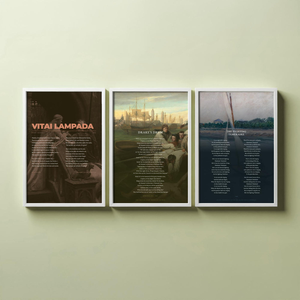 Henry Newbolt Poems Set of Three Art Prints - Vitai Lampada, Drake's Drum, Fighting Temeraire - Full Poems over Classic Paintings - Poster