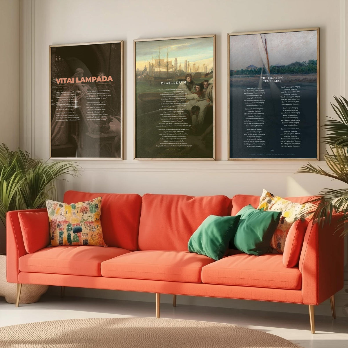 Henry Newbolt Poems Set of Three Art Prints - Vitai Lampada, Drake's Drum, Fighting Temeraire - Full Poems over Classic Paintings - Poster
