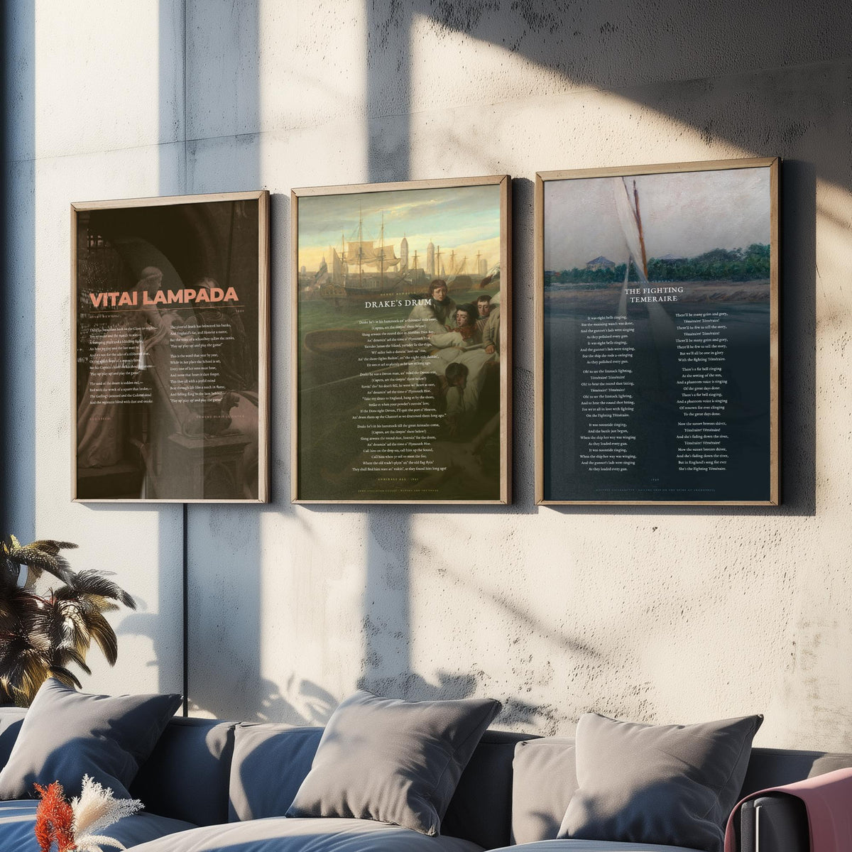 Henry Newbolt Poems Set of Three Art Prints - Vitai Lampada, Drake's Drum, Fighting Temeraire - Full Poems over Classic Paintings - Poster