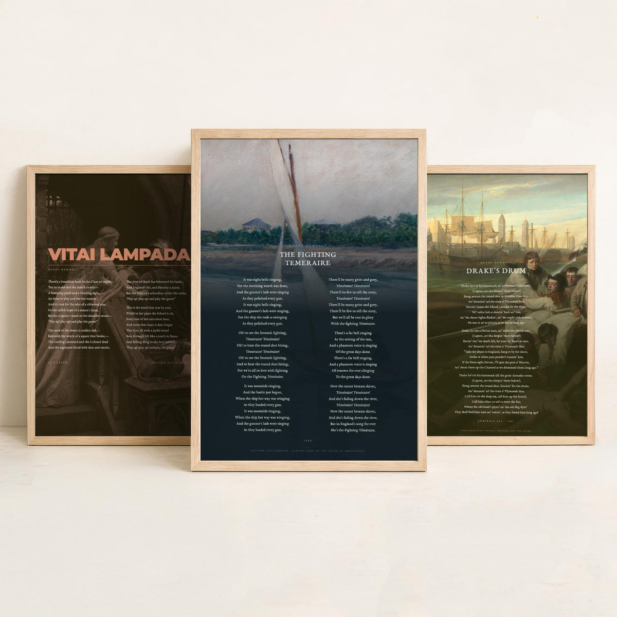 Henry Newbolt Poems Set of Three Art Prints - Vitai Lampada, Drake's Drum, Fighting Temeraire - Full Poems over Classic Paintings - Poster