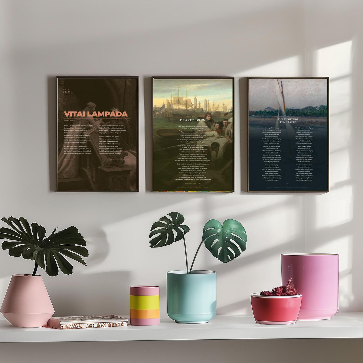 Henry Newbolt Poems Set of Three Art Prints - Vitai Lampada, Drake's Drum, Fighting Temeraire - Full Poems over Classic Paintings - Poster