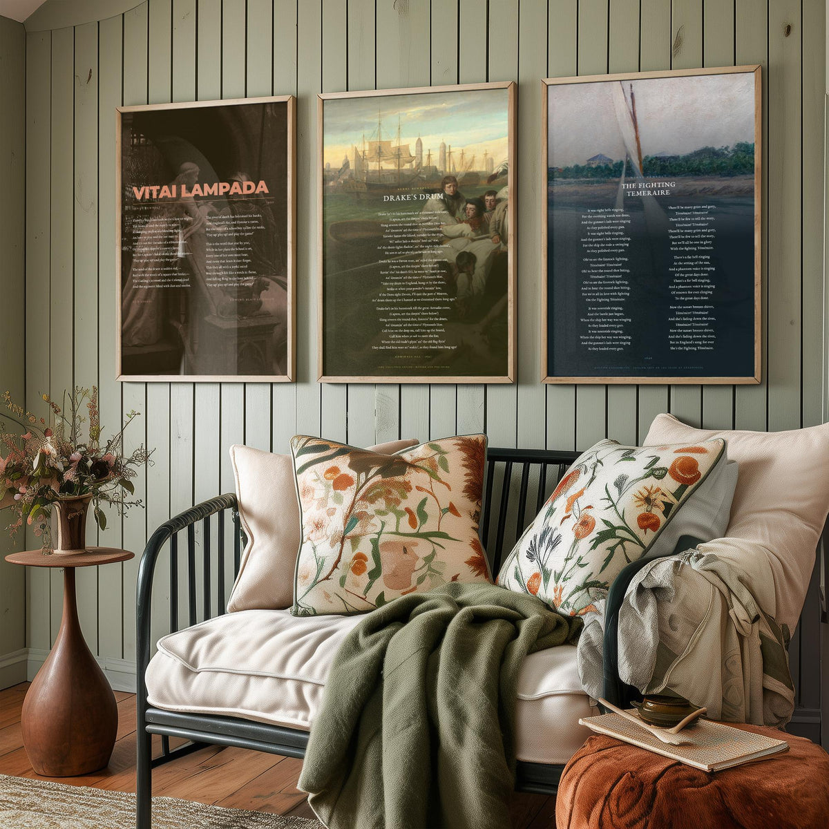 Henry Newbolt Poems Set of Three Art Prints - Vitai Lampada, Drake's Drum, Fighting Temeraire - Full Poems over Classic Paintings - Poster