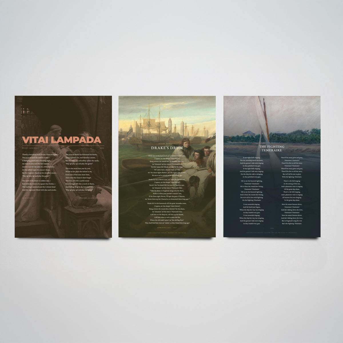 Henry Newbolt Poems Set of Three Art Prints - Vitai Lampada, Drake's Drum, Fighting Temeraire - Full Poems over Classic Paintings - Poster
