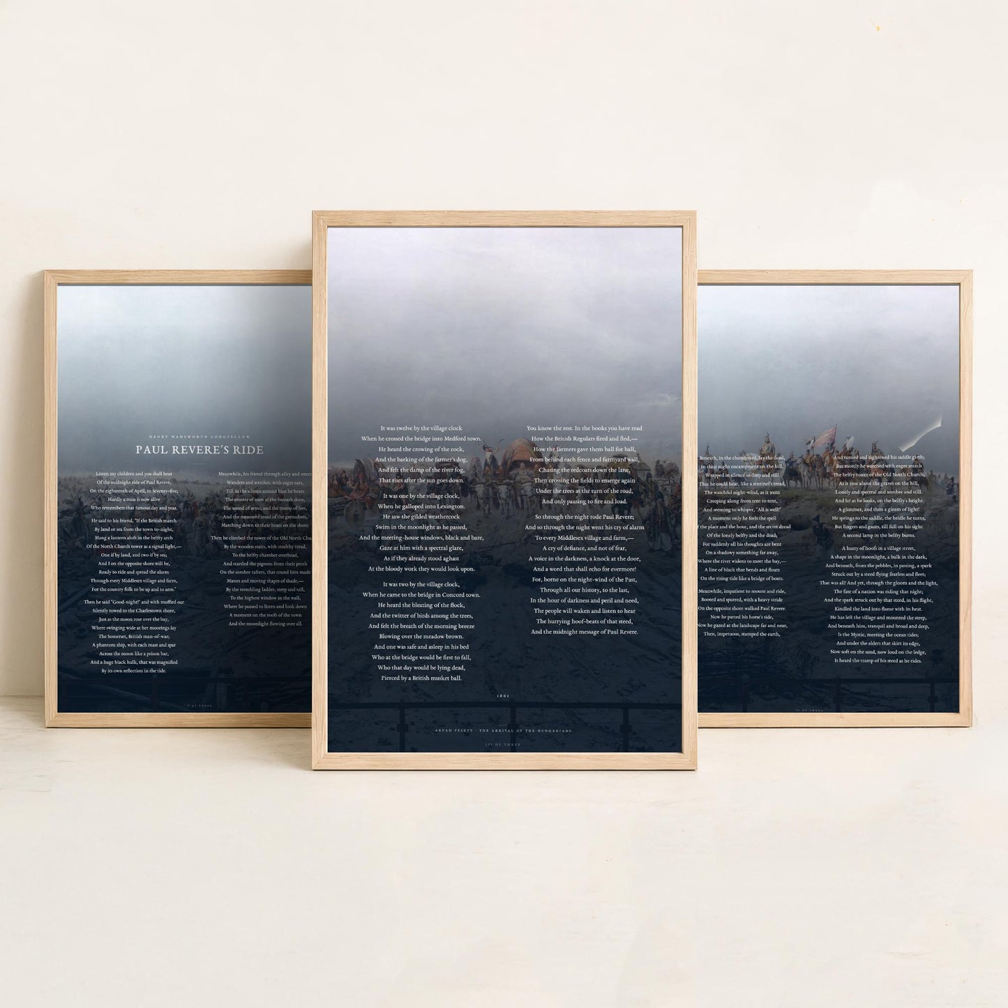 Paul Reveres Ride by Longfellow Set of Three Art Prints - Full Poem over Feszty Panorama Painting - American Poetry Poster Triptych