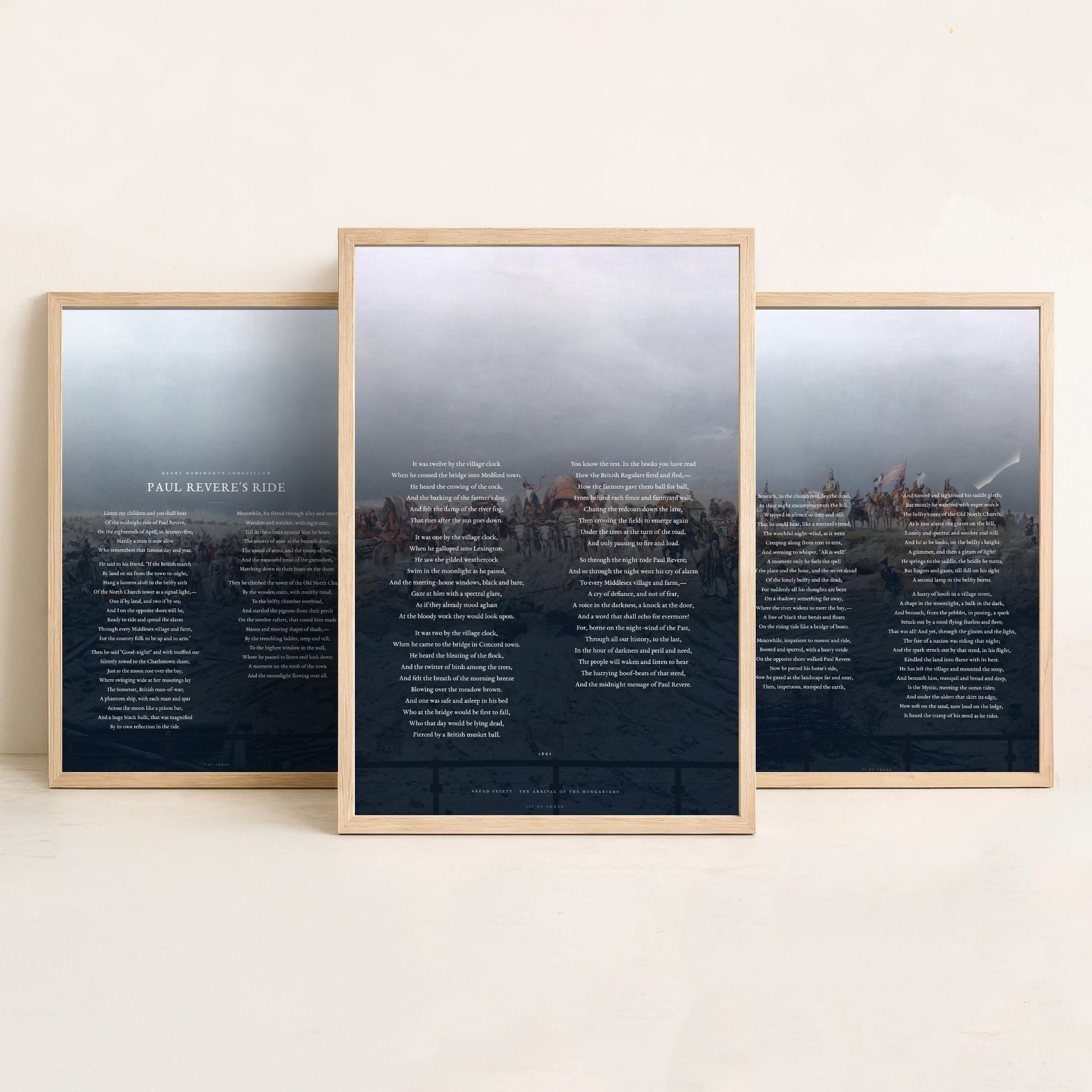 Paul Reveres Ride by Longfellow Set of Three Art Prints - Full Poem over Feszty Panorama Painting - American Poetry Poster Triptych