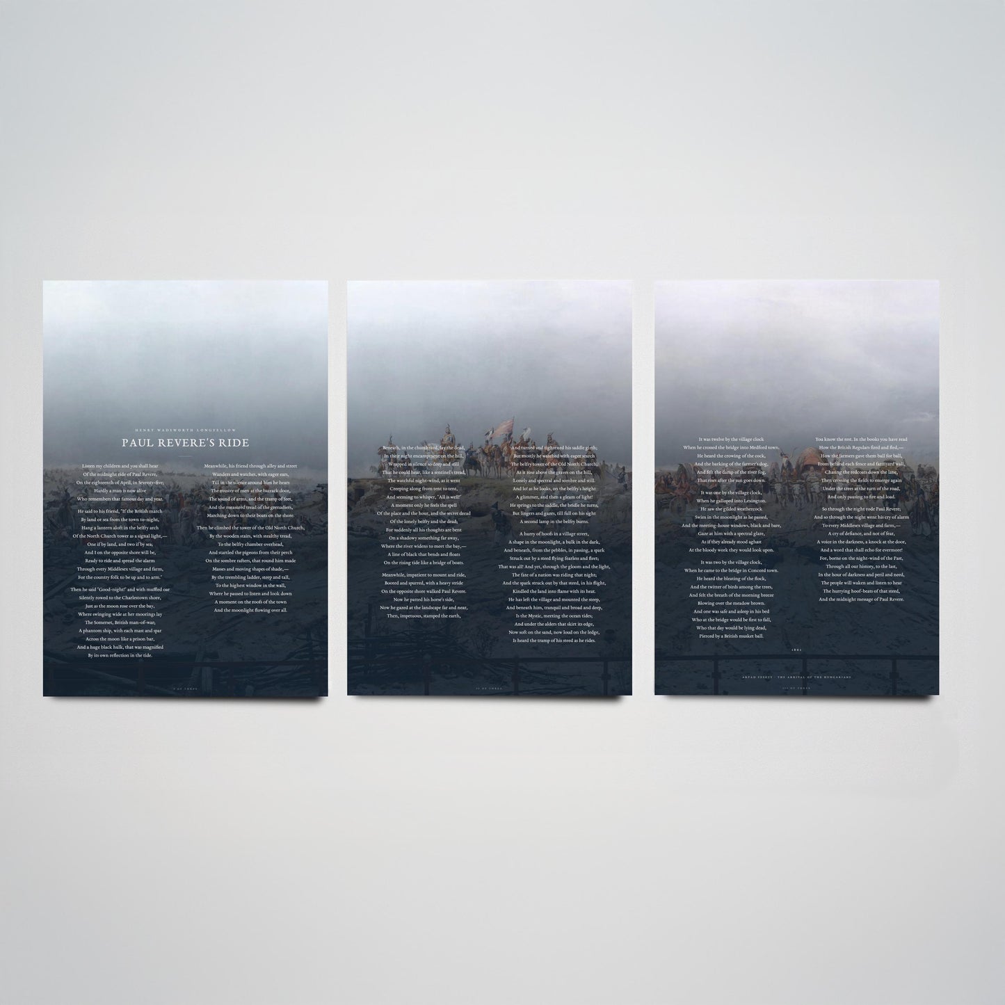 Paul Reveres Ride by Longfellow Set of Three Art Prints - Full Poem over Feszty Panorama Painting - American Poetry Poster Triptych