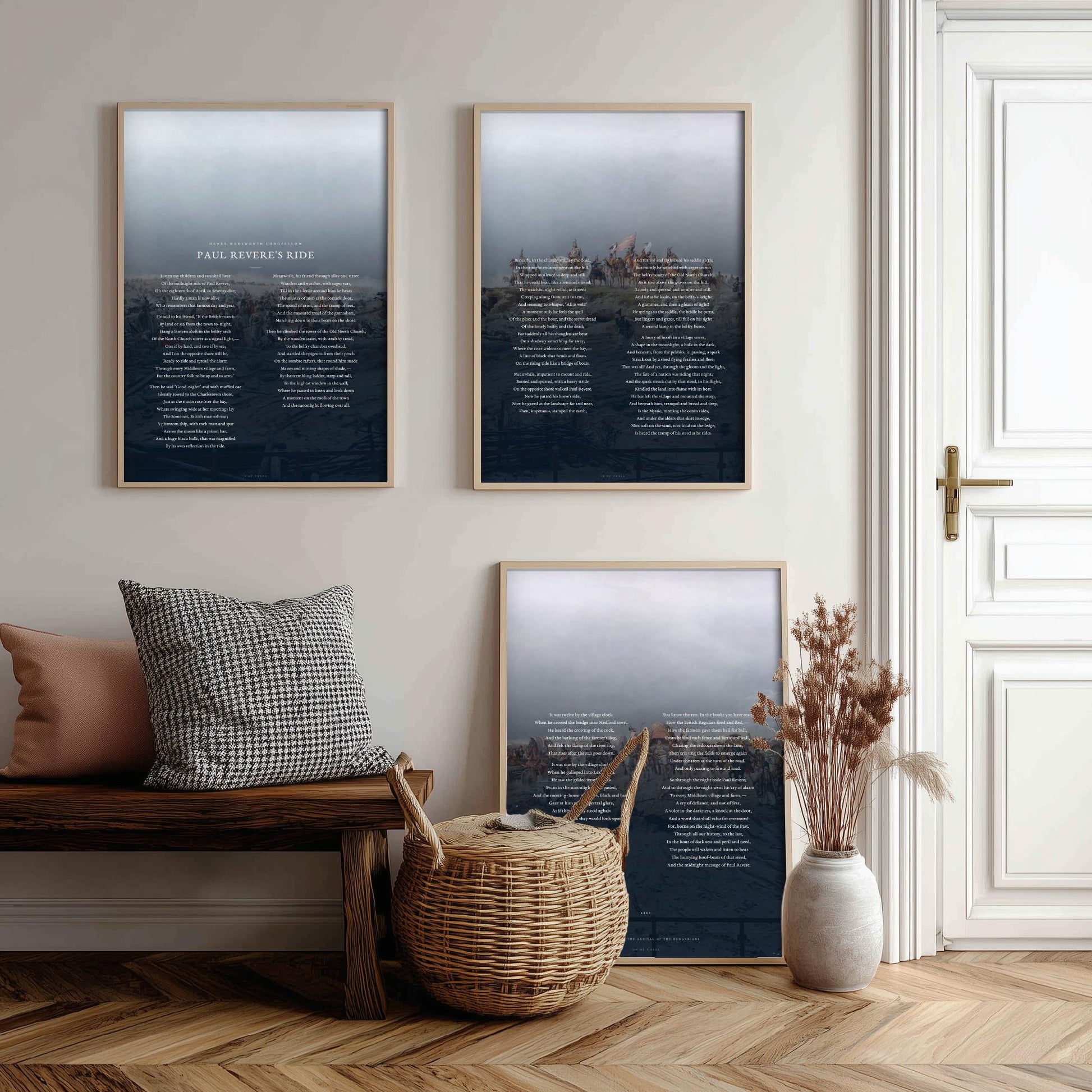 Paul Reveres Ride by Longfellow Set of Three Art Prints - Full Poem over Feszty Panorama Painting - American Poetry Poster Triptych
