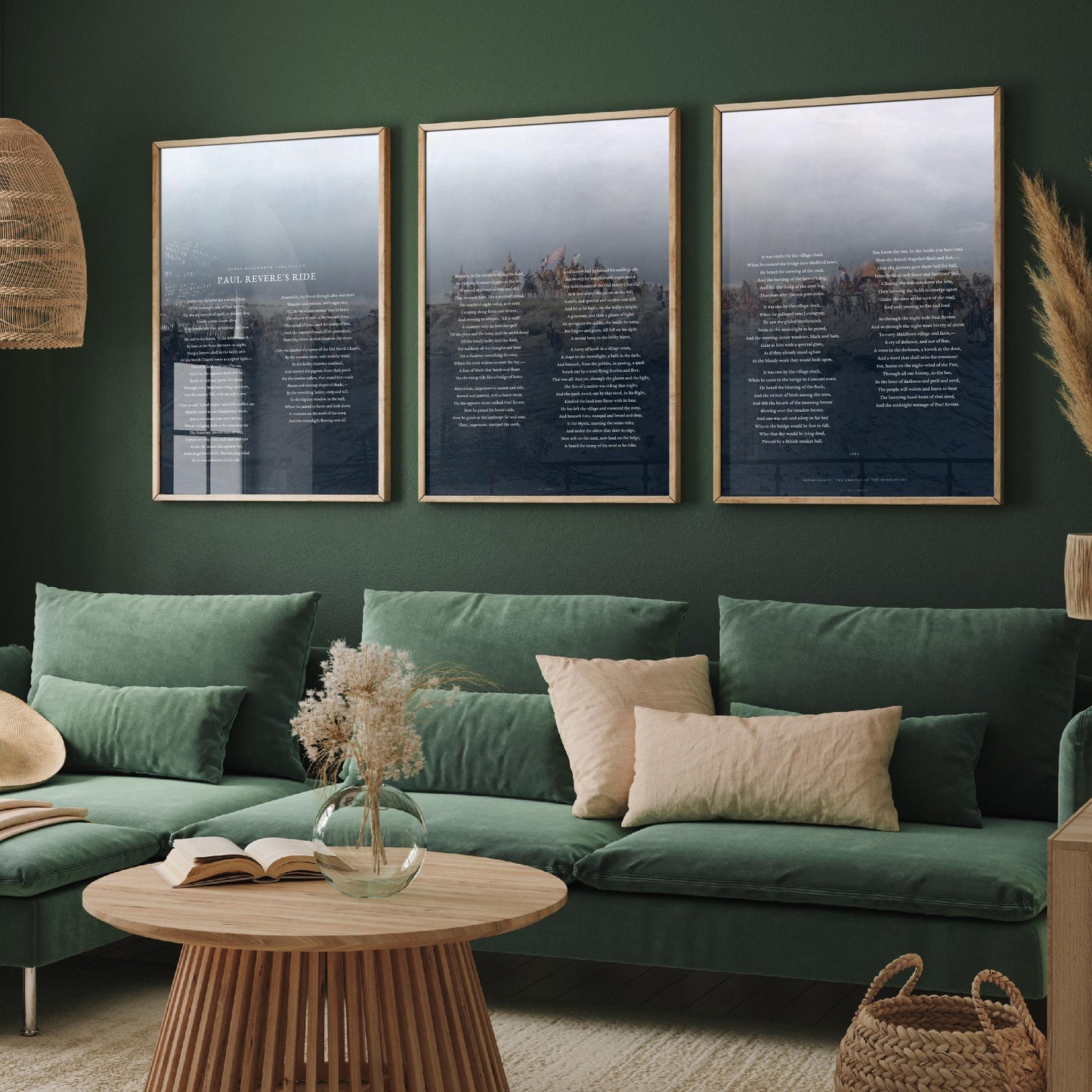 Paul Reveres Ride by Longfellow Set of Three Art Prints - Full Poem over Feszty Panorama Painting - American Poetry Poster Triptych