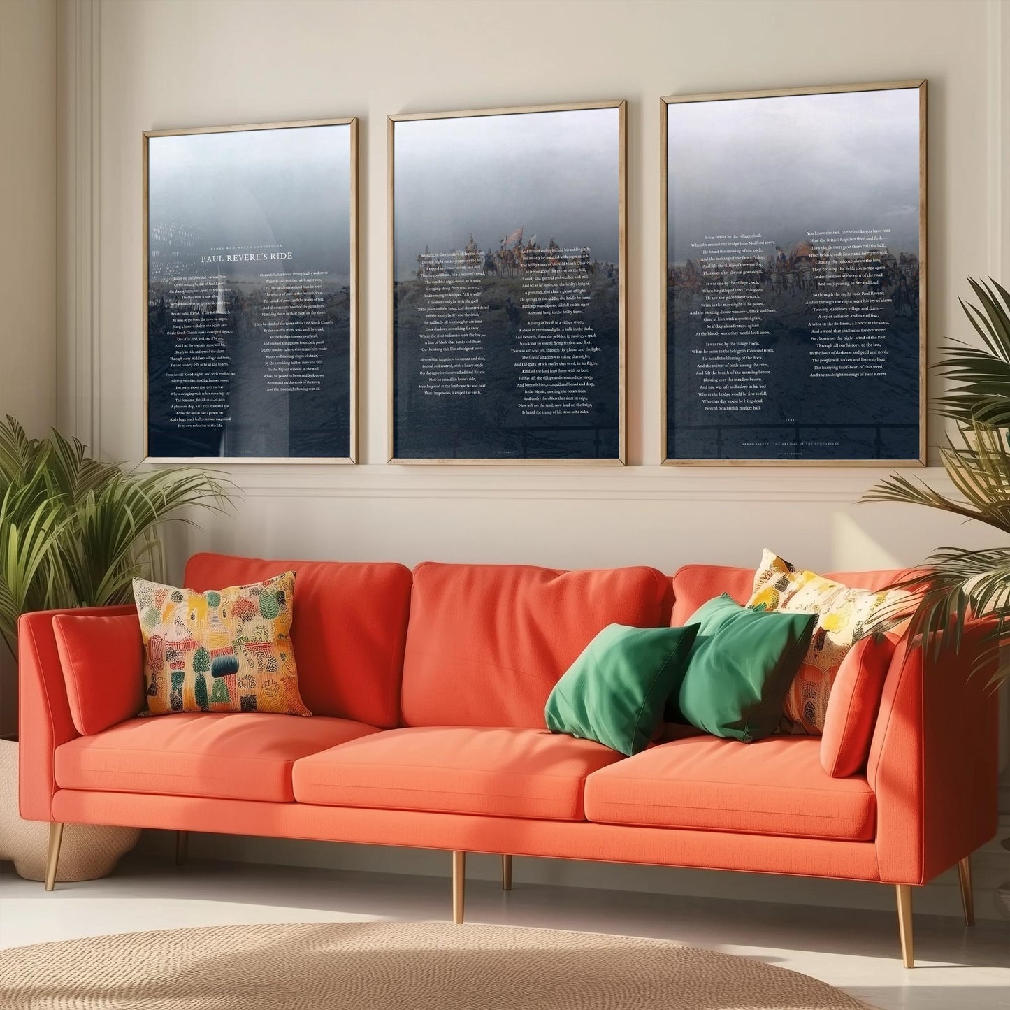 Paul Reveres Ride by Longfellow Set of Three Art Prints - Full Poem over Feszty Panorama Painting - American Poetry Poster Triptych