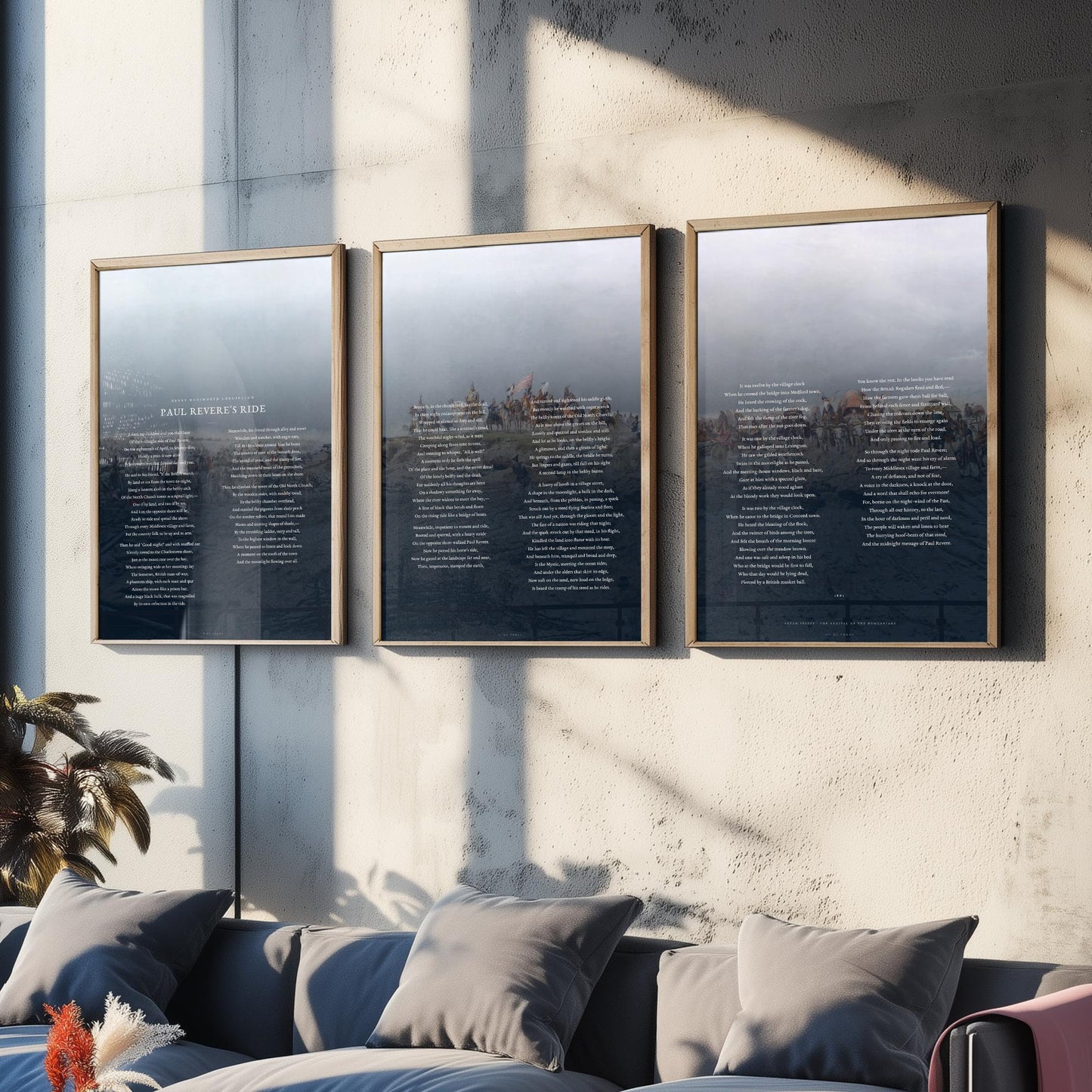 Paul Reveres Ride by Longfellow Set of Three Art Prints - Full Poem over Feszty Panorama Painting - American Poetry Poster Triptych