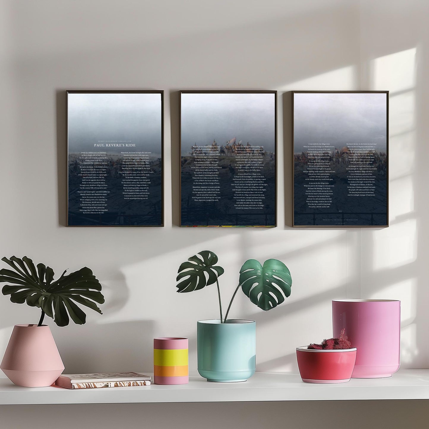 Paul Reveres Ride by Longfellow Set of Three Art Prints - Full Poem over Feszty Panorama Painting - American Poetry Poster Triptych