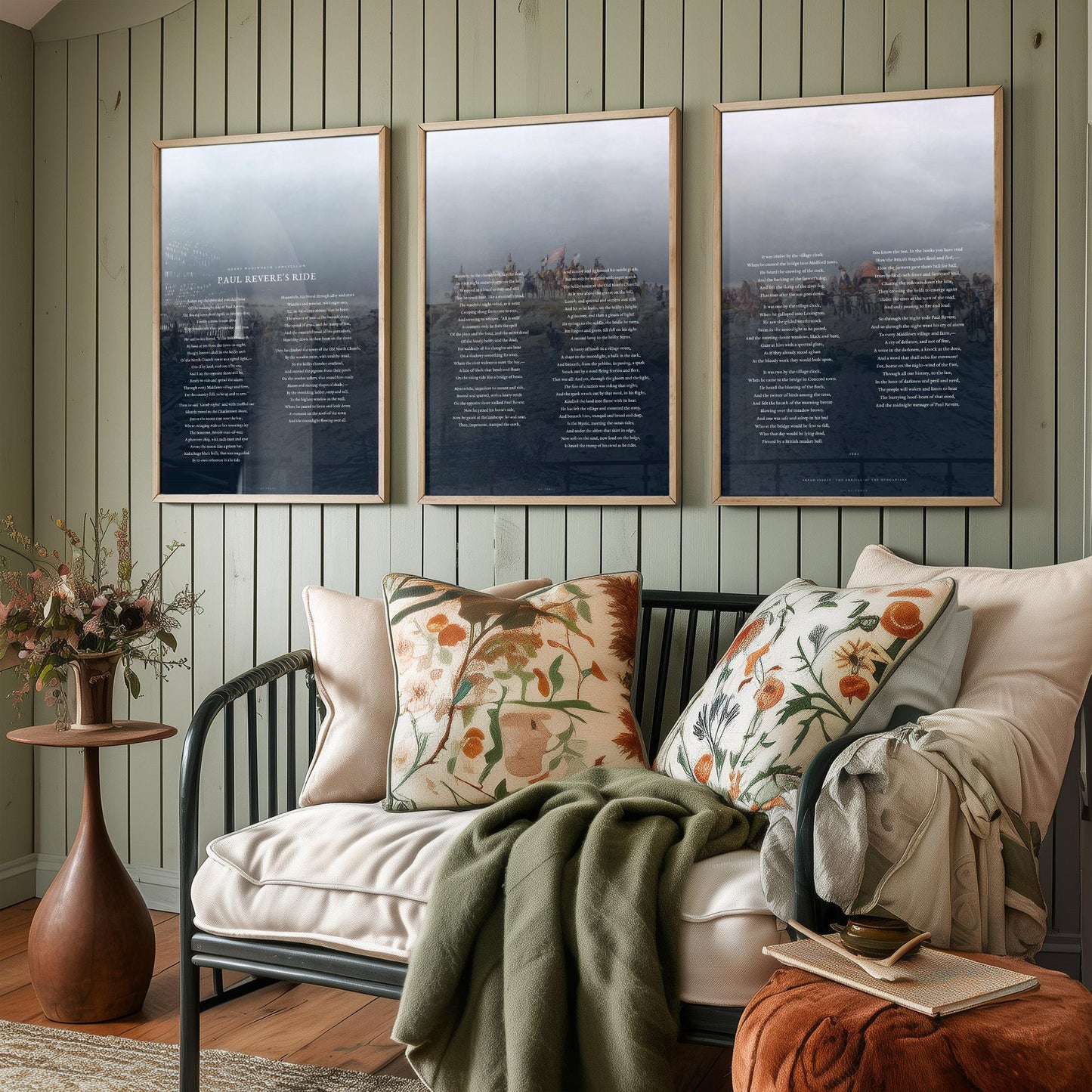 Paul Reveres Ride by Longfellow Set of Three Art Prints - Full Poem over Feszty Panorama Painting - American Poetry Poster Triptych