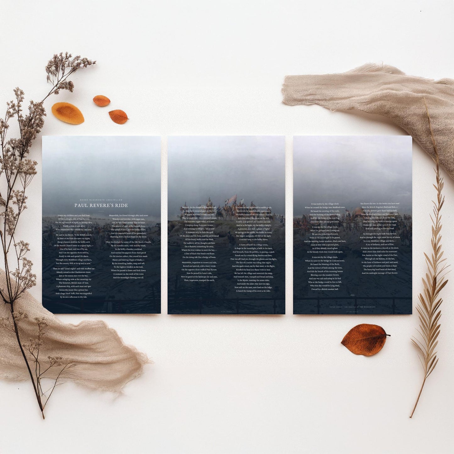 Paul Reveres Ride by Longfellow Set of Three Art Prints - Full Poem over Feszty Panorama Painting - American Poetry Poster Triptych