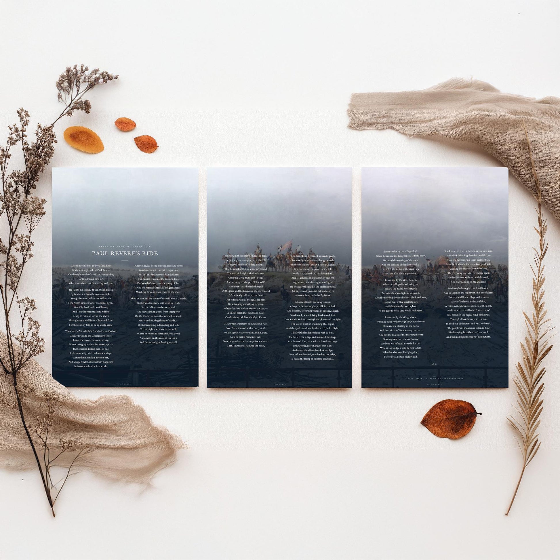 Paul Reveres Ride by Longfellow Set of Three Art Prints - Full Poem over Feszty Panorama Painting - American Poetry Poster Triptych