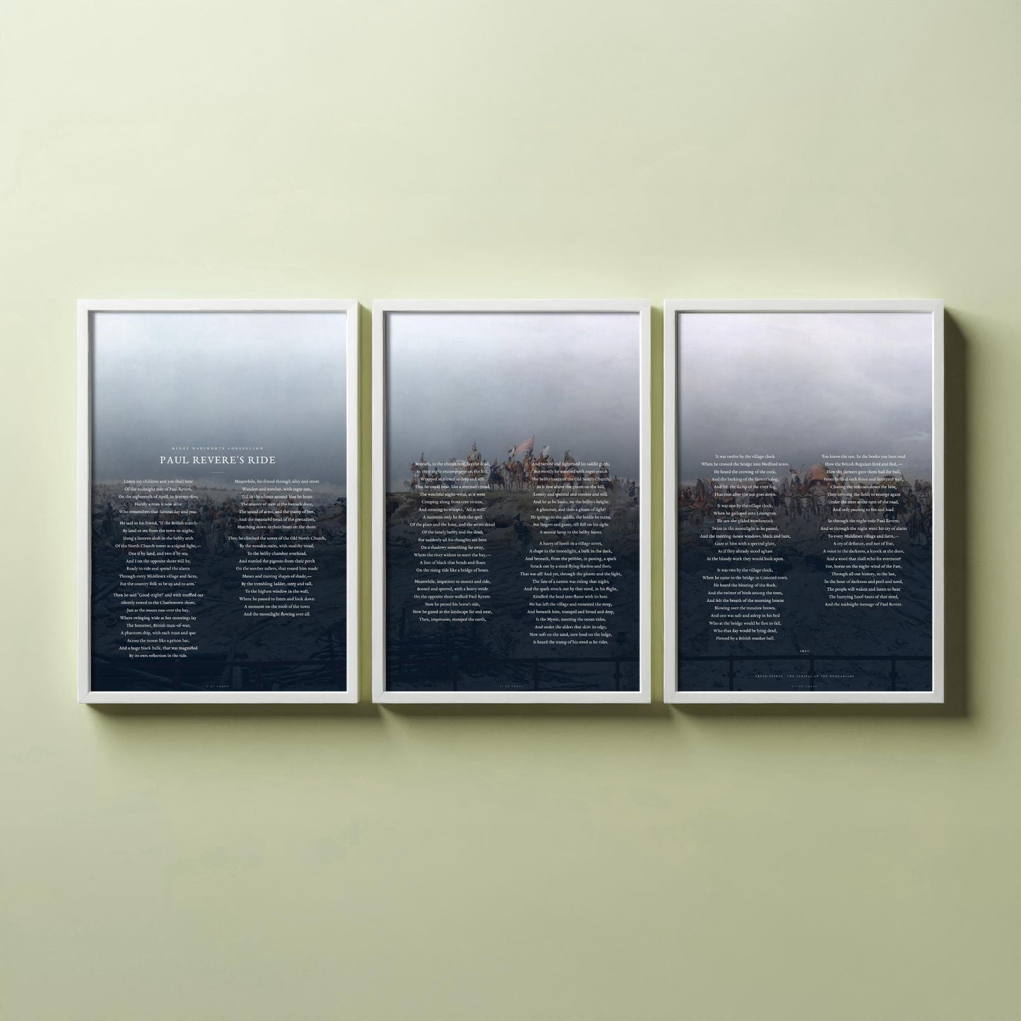 Paul Reveres Ride by Longfellow Set of Three Art Prints - Full Poem over Feszty Panorama Painting - American Poetry Poster Triptych