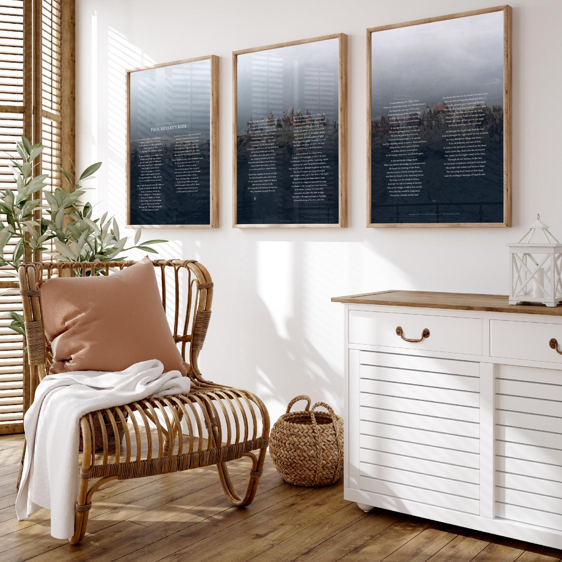 Paul Reveres Ride by Longfellow Set of Three Art Prints - Full Poem over Feszty Panorama Painting - American Poetry Poster Triptych