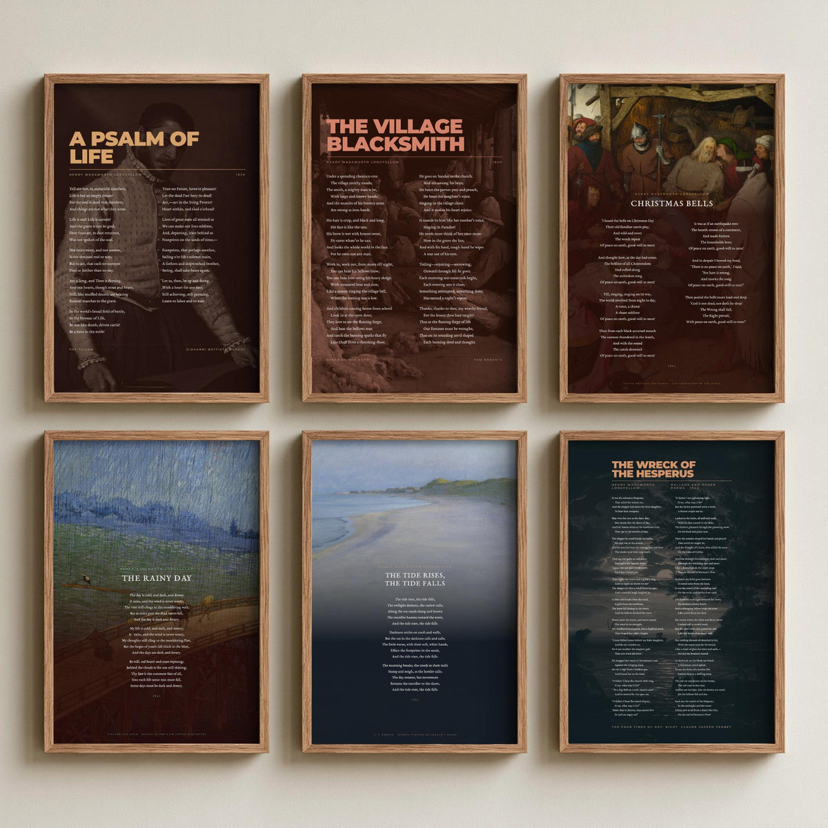 Set of Six Longfellow Poem Art Prints - 6 Full Poems over Classic Paintings - Posters - A Psalm of Life, Village Blacksmith, The Rainy Day