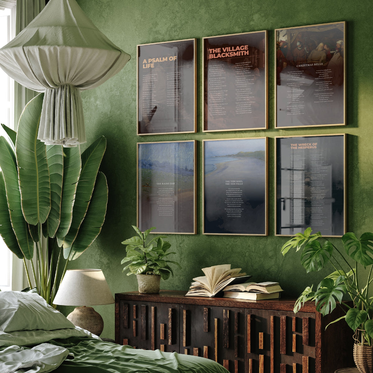 Set of Six Longfellow Poem Art Prints - 6 Full Poems over Classic Paintings - Posters - A Psalm of Life, Village Blacksmith, The Rainy Day