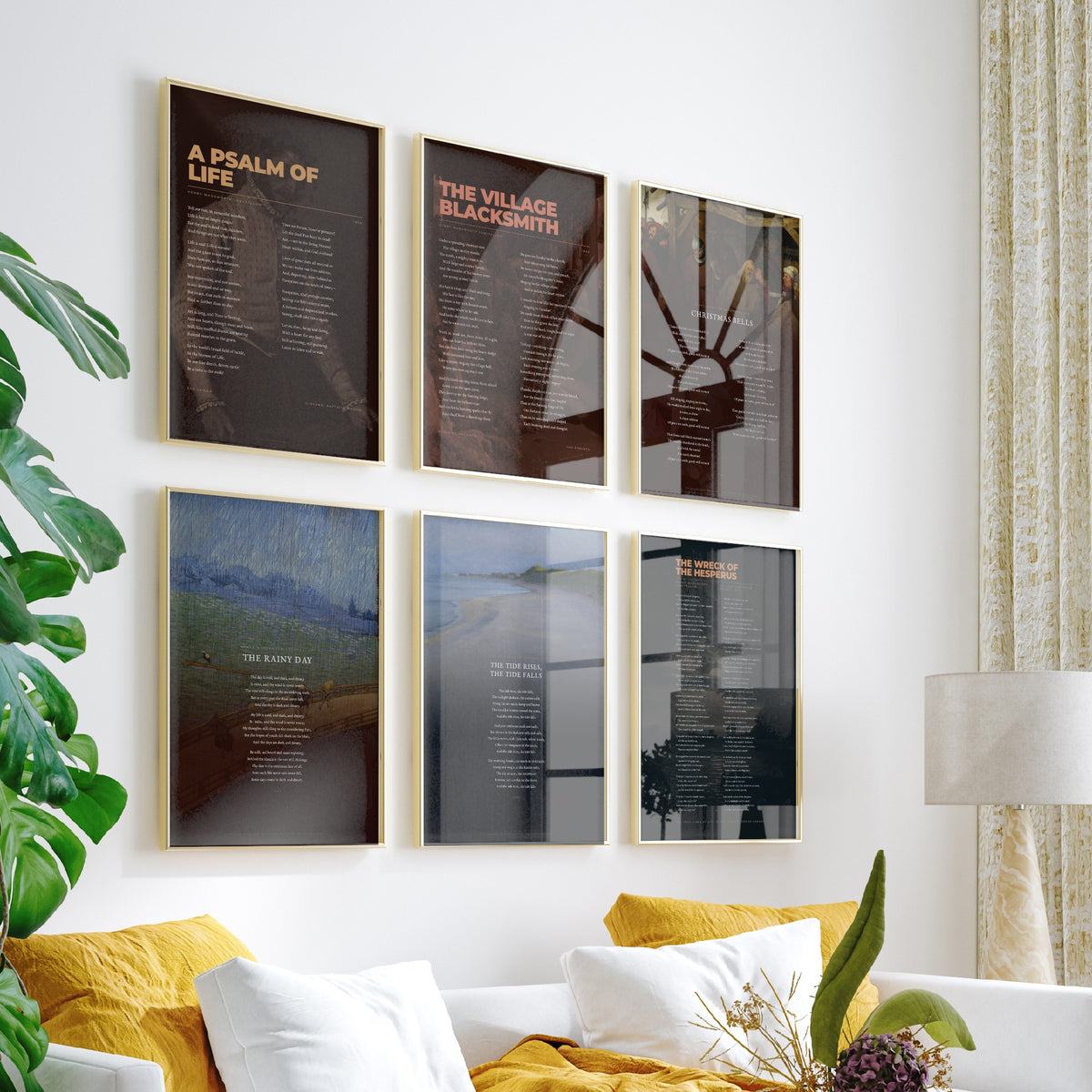 Set of Six Longfellow Poem Art Prints - 6 Full Poems over Classic Paintings - Posters - A Psalm of Life, Village Blacksmith, The Rainy Day