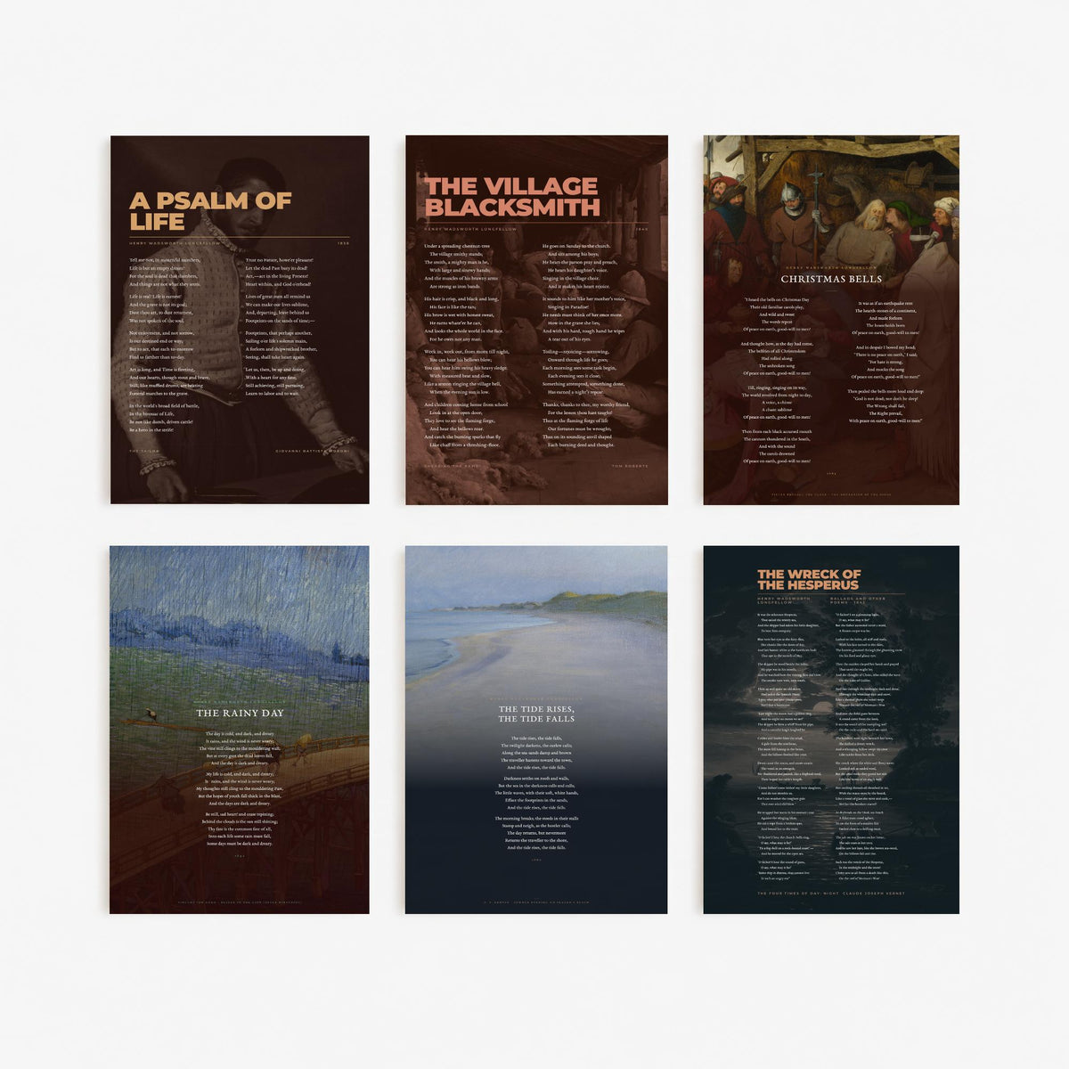 Set of Six Longfellow Poem Art Prints - 6 Full Poems over Classic Paintings - Posters - A Psalm of Life, Village Blacksmith, The Rainy Day