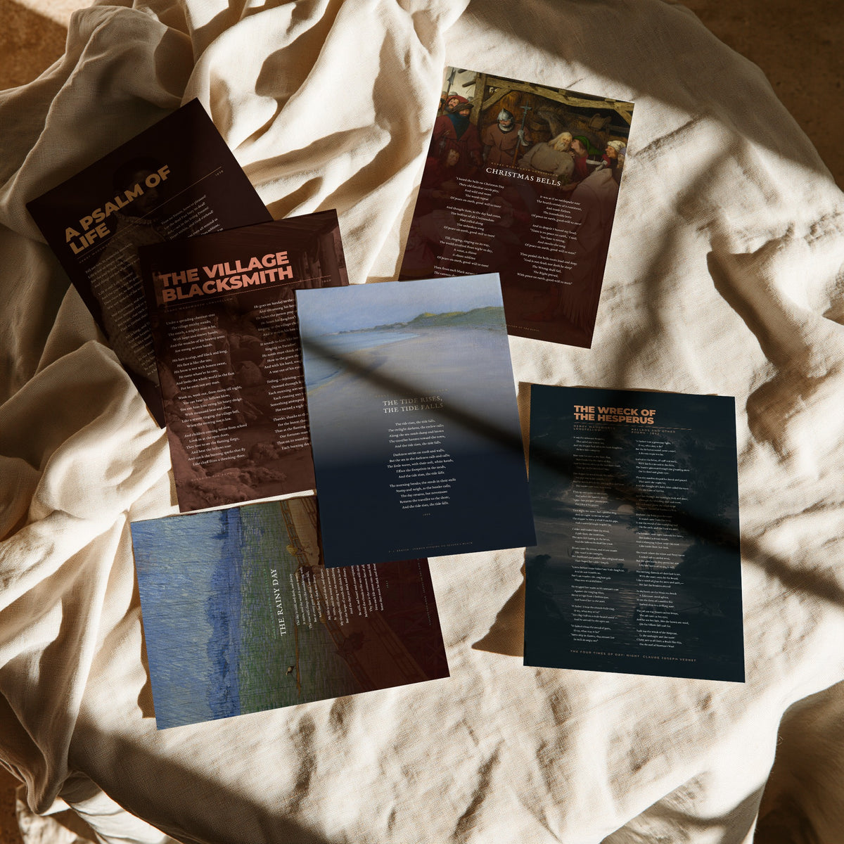 Set of Six Longfellow Poem Art Prints - 6 Full Poems over Classic Paintings - Posters - A Psalm of Life, Village Blacksmith, The Rainy Day