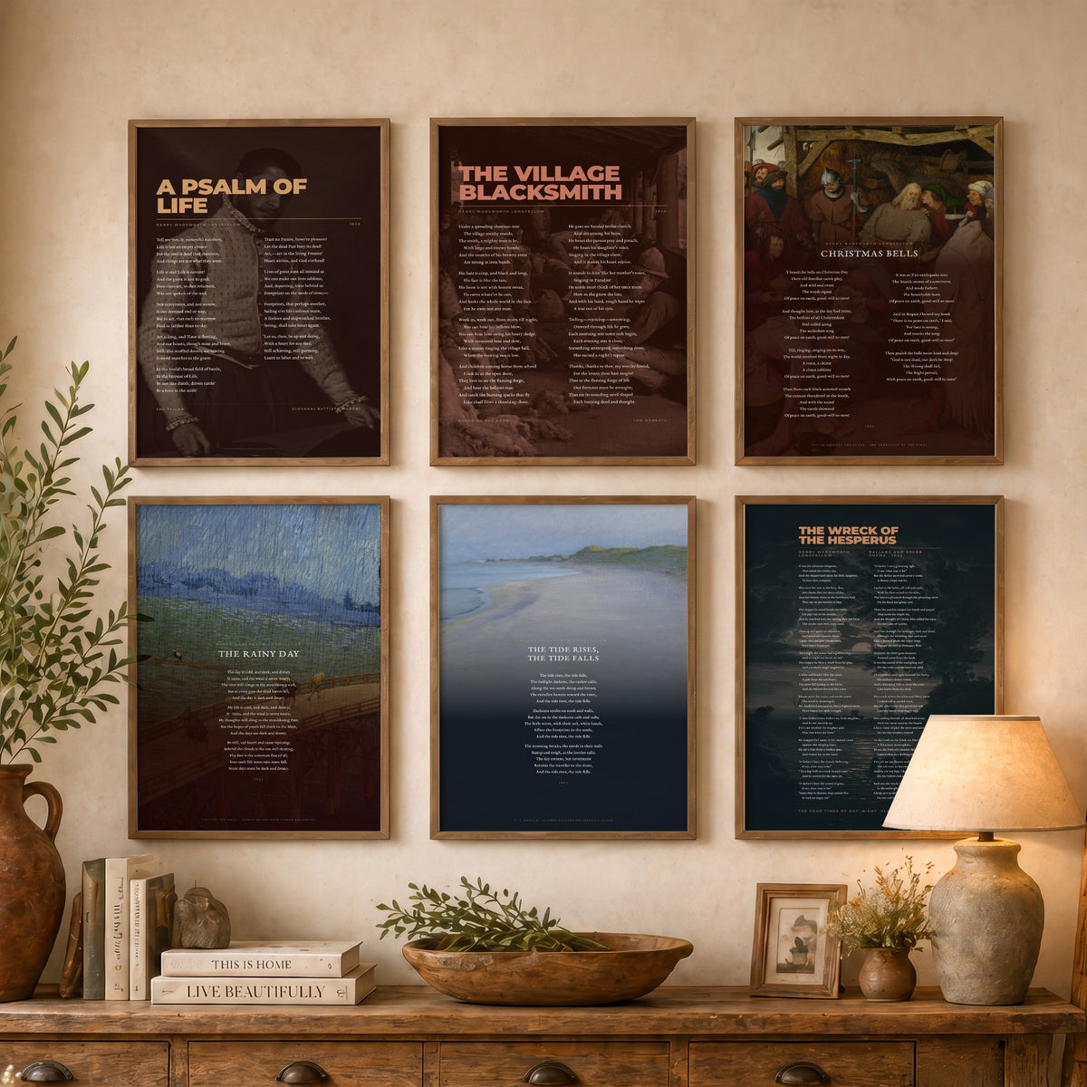 Set of Six Longfellow Poem Art Prints - 6 Full Poems over Classic Paintings - Posters - A Psalm of Life, Village Blacksmith, The Rainy Day