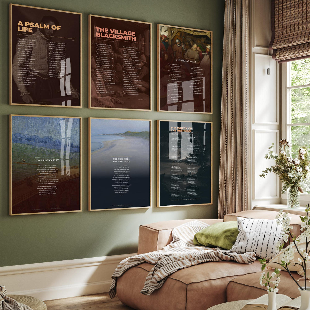 Set of Six Longfellow Poem Art Prints - 6 Full Poems over Classic Paintings - Posters - A Psalm of Life, Village Blacksmith, The Rainy Day